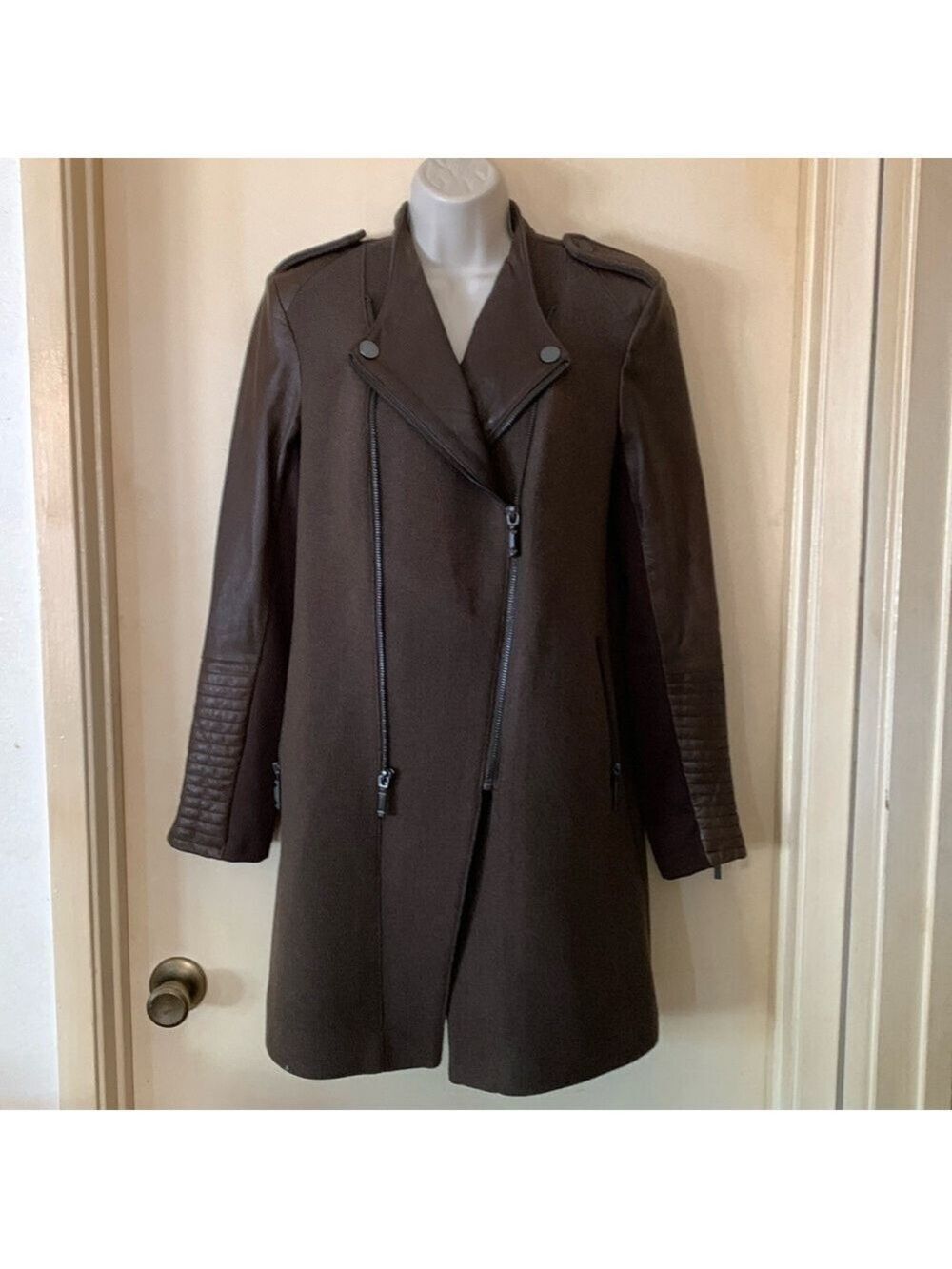 BCBGMAXAZRIA wool and leather military style coat size s